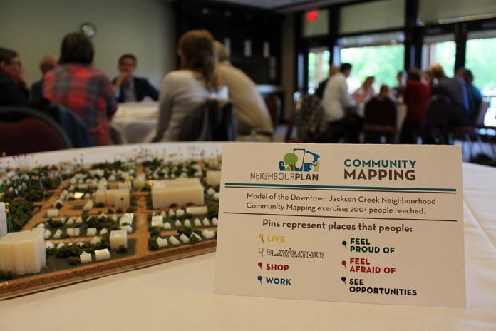 "Community mapping" is one of many co-design tools used by NeighbourPLAN to engage residents in re-imagining their neighbourhoods. In this case, for the Downtown Jackson Creek neighbourhood in Peterborough prior to the COVID-19 pandemic. (Photo: GreenUP)