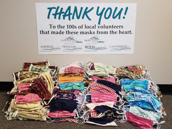 Members of the community made and donated more than 700 non-medical masks for the non-work use of staff members at long-term care facilities at homes operated by AON in Peterborough. (Photo: AON / Twitter)