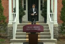 Prime Minister Justin Trudeau emerges from Rideau Cottage in Ottawa on May 8, 2020 to announce an extension past June of the federal government's Canada Emergency Wage Subsidy program for businesses. (Screenshot / CPAC)