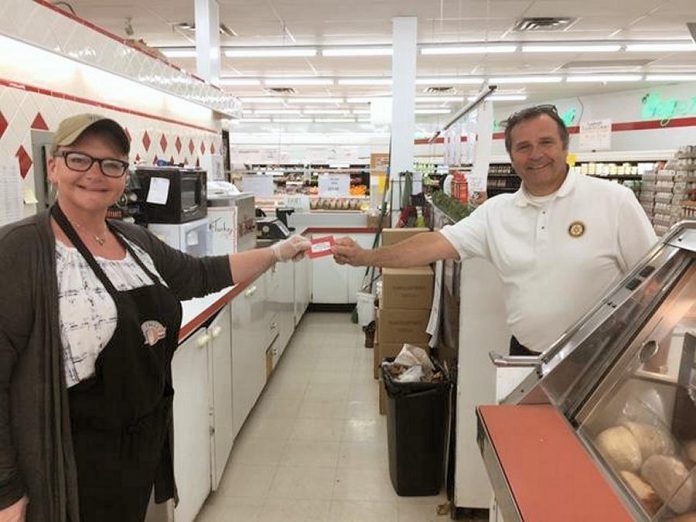Farmboy on Lansdowne Street in Peterborough was one of three local grocery stores randomly selected by Rotary Club of Peterborough Kawartha to receive $5 gift cards for Tim Hortons.  (Photo courtesy of Rotary Club of Peterborough Kawartha)