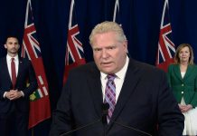 Ontario Premier Doug Ford, along with education minister Stephen Lecce and health minister Christine Elliott, announces on May 19, 2020 that the province's publicly funded schools will not reopen this school year. (Screenshot / CPAC)