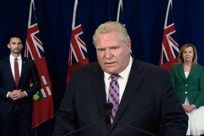 Ontario Premier Doug Ford, along with education minister Stephen Lecce and health minister Christine Elliott, announces on May 19, 2020 that the province's publicly funded schools will not reopen this school year. (Screenshot / CPAC)