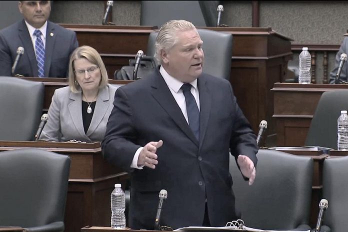 Premier Doug Ford during question period on May 12, 2020, when members of the Ontario legislature voted to extend Ontario's state of emergency until June 2, 2020. (Screenshot / Legislative Assembly of Ontario)