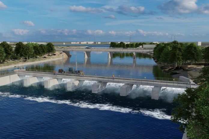 A rendition of the reconstructed Scotts Mills Dam at Lock 19 on the Trent-Severn Waterway in Peterborough. Construction resumes on the dam in May 2020 which, once completed, will include a pedestrian walkway. (Graphic: Parks Canada)