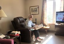 A resident catching up on the news at St. Joseph's at Fleming, a 200-bed long-term care home in Peterborough. As of May 1, 2020, the home has one resident who is positive for COVID-19. (Photo: St. Joseph's at Fleming)