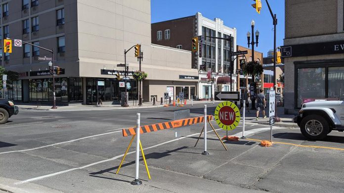 Charlotte Street is reduced to a single eastbound one-way lane, while Hunter Street will be reduced to a single one-way lane in the other direction, both between Aylmer Street and George Street. (Photo: Bruce Head / kawarthaNOW.com)