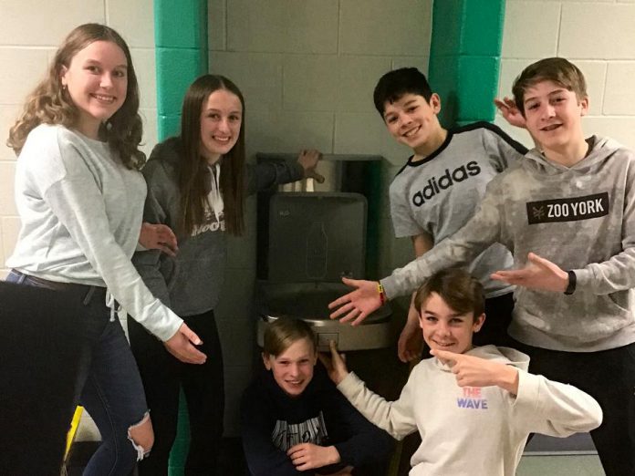 Before schools were closed due to the COVID-19 pandemic, Grade 8 students at Monsignor O'Donaghue Catholic Elementary School showed off a newly installed water bottle refill station at the school, part of a student-led project called "CAPS off Water", an acronym representing the conservation, awareness, protection, and stewardship of water. GreenUP has awarded the students its School Engagement Award for their work on the project. Pictured from left to right: Shannon Elliott, Molly Sharman, Jacob Colocci, John Velasquez, Cooper Cook, and Noah Bowler. (Photo: GreenUP)