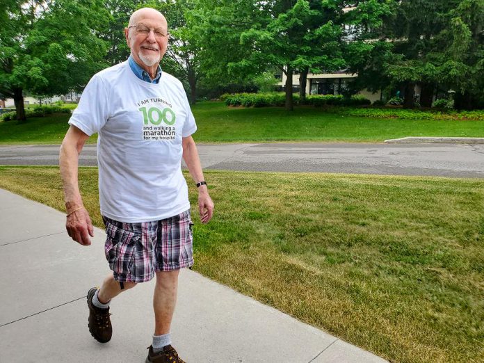 Guy Aiello, who is turning 100 this fall, has supported Peterborough Regional Health Centre (PRHC) for almost 30 years as a donor and a volunteer. He will be walking the equivalent of a marathon during July to raise funds for PRHC Foundation, to go towards the hospital's most critical priorities including technological advancements and essential medical equipment. (Photo courtesy of PRHC Foundation)