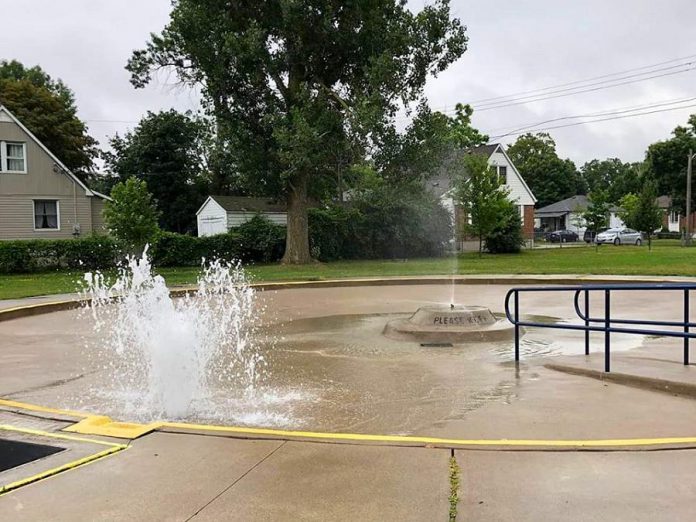 The wading pool being filled in 2019 at John Taylor Memorial Park at McKellar Street and St. Catherine Street in Peterborough, named after kawarthaNOW publisher Jeannine Taylor's late father, a community activist who was instrumental in leading a neighbourhood campaign to save the wading pool in the 1990s. All four of the city's wading pools open for the season on June 27, 2020. (Photo: Kim Zippel)