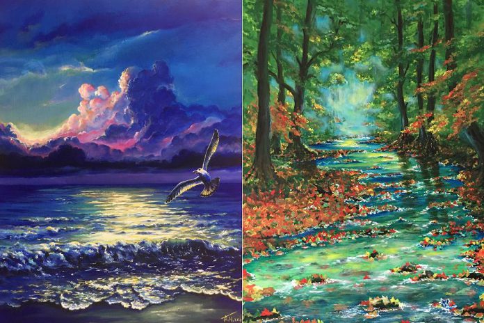 Details from "The Seagull" (24" x 18") and "The Creek" (24" x 36"), two paintings by Ukrainian native and new Canadian Aleks Goloborodko. (Photos courtesy of Aleks Goloborodko)