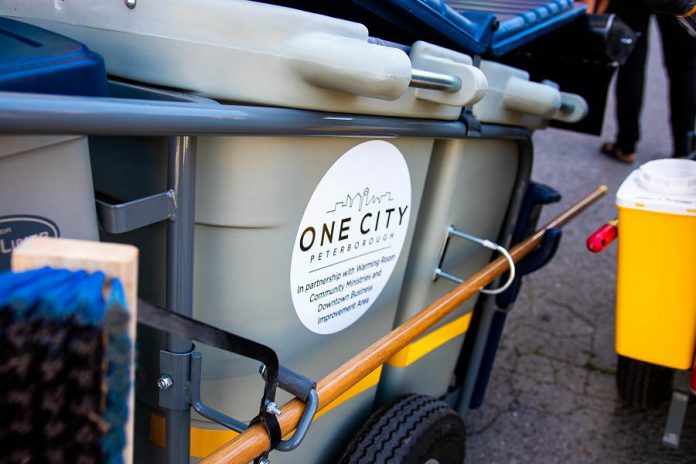 The One City Peterborough "clean team" will be in downtown Peterborough during the day this summer with cleaning carts to sweep sidewalks, pick up litter, remove old posters from lamp posts, safely disposing of discarded needles, and other small cleaning tasks. (Photo courtesy of Peterborough DBIA)