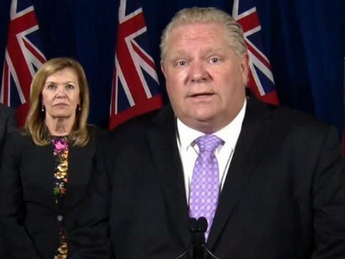 Ontario Premier Doug Ford with health minister Christine Elliott at a media briefing at Queen's Park on June 1, 2020. The stage of emergency in Ontario, which is set to expire on June 2nd, will be extended until June 30th. (Screenshot / CPAC)