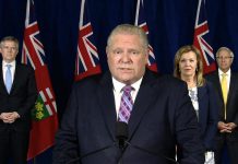 Ontario Premier Doug Ford at a media briefing at Queen's Park on June 5, 2020, along with finance minister Rod Phillips, health minister Christine Elliot, and economic development minister Vic Fedeli. (Screenshot / CPAC)