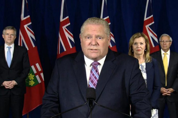 Ontario Premier Doug Ford at a media briefing at Queen's Park on June 5, 2020, along with finance minister Rod Phillips, health minister Christine Elliot, and economic development minister Vic Fedeli. (Screenshot / CPAC)