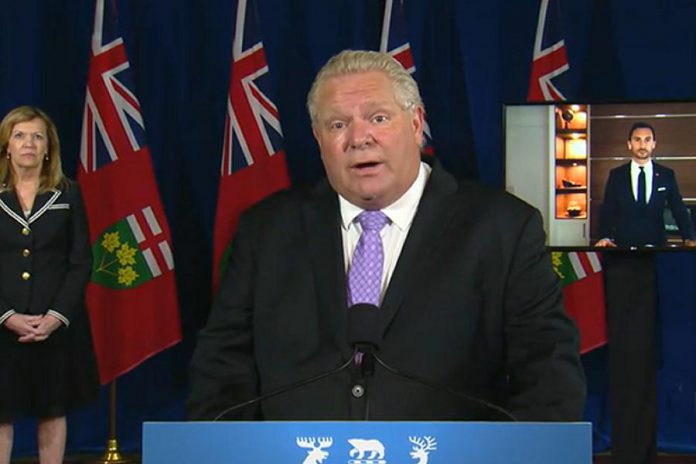 Ontario Premier Doug Ford announces the province's safety plan for reopening elementary and secondary schools in September at a media conference at Queen's Park on June 19, 2020, accompanied by health minister Christine Elliott with education minister Stephen Lecce participating remotely. (Screenshot / CPAC)