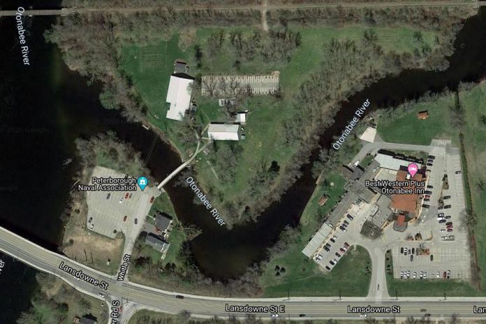 The Peterborough Naval Association's seven-acre property north of Lansdowne Street in Peterborough is surrounded on three sides by the Otonabee River with Beavermead Park to the north. The City of Peterborough has agreed to purchase the property, which will become public land with a future extension of the trail network around Little Lake. (Photo: Google Maps)