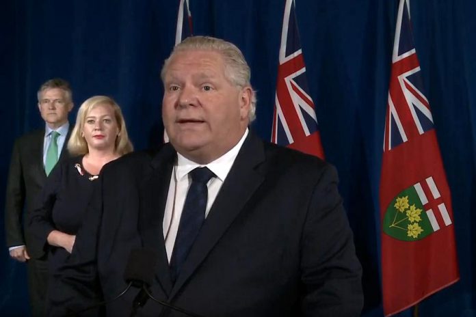 Ontario Premier Doug Ford at a media conference in Queen's Park on June 15, 2020 to announce that seven more Ontario regions are moveing into stage two of province's reopening as of June 19, 2020. (Screenshot / Premier's Office YouTube channel)