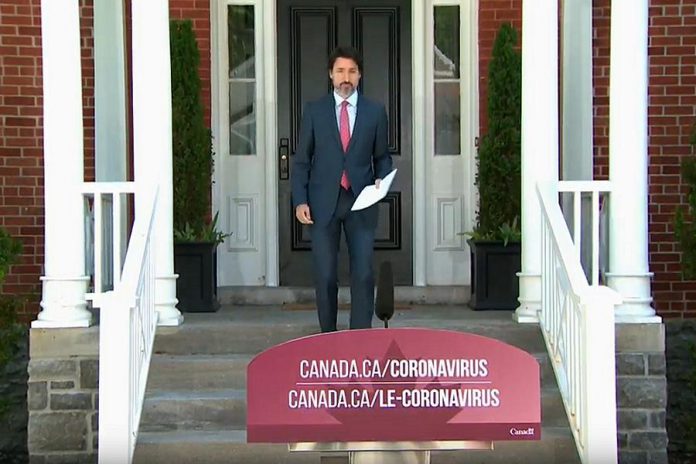 Prime Minister Justin Trudeau outside of his home in Ottawa on June 16, 2020. Trudeau announced that federal government will be extending the Canada Emergency Response Benefit for an additional eight weeks. (Screenshot / CPAC)