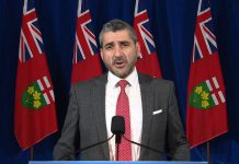 Colleges and universities minister Ross Romano was on his own at a media conference at Queen's Park on June 2, 2020 to announce a framework to reopen post-secondary institutions this summer for students unable to complete their course requirements online, as Premier Doug Ford and health minister Christine Elliott were absent to get tested for COVID-19. (Screenshot / CPAC)