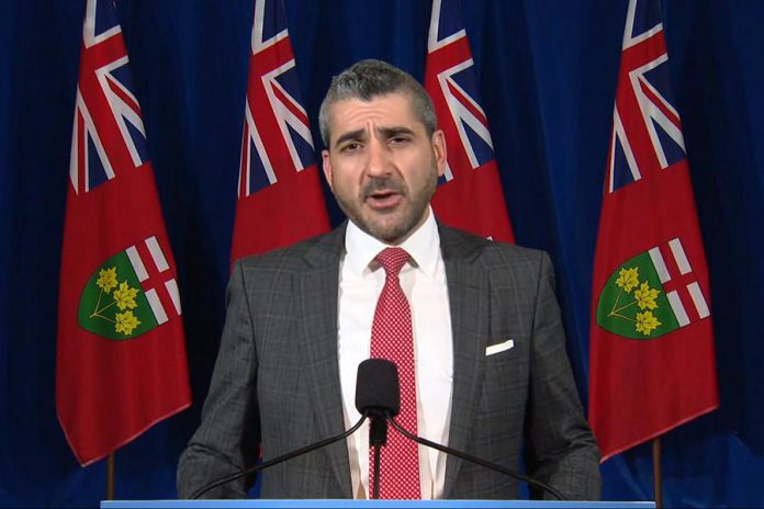 Colleges and universities minister Ross Romano was on his own at a media conference at Queen's Park on June 2, 2020 to announce a framework to reopen post-secondary institutions this summer for students unable to complete their course requirements online, as Premier Doug Ford and health minister Christine Elliott were absent to get tested for COVID-19. (Screenshot / CPAC)