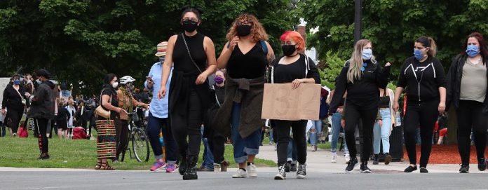 Protesters respected public health directives during a rally in downtown Peterborough on June 2, 2020 calling for an end to police violence against black and indigenous people of colour. (Photo courtesy of Sean Bruce)