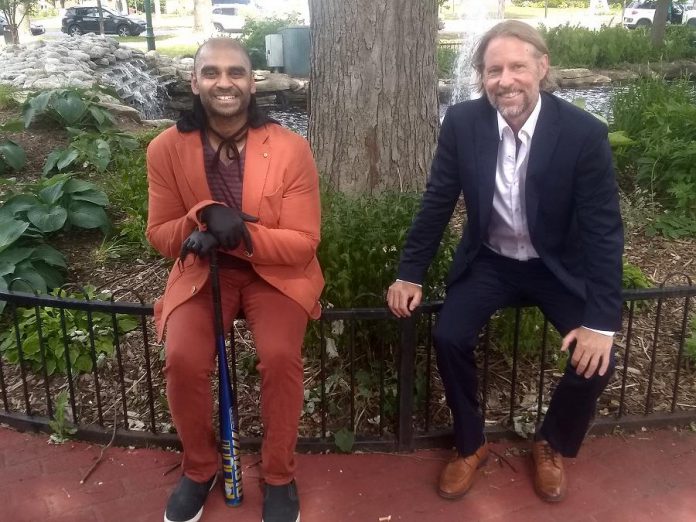 In Jamie Oxenham's latest short "Abra Kadabra", actors Steve Kasan and Rick Amsbury portray two street magicians vying for the same spot.  (Photo: Sam Tweedle / kawarthaNOW.com)