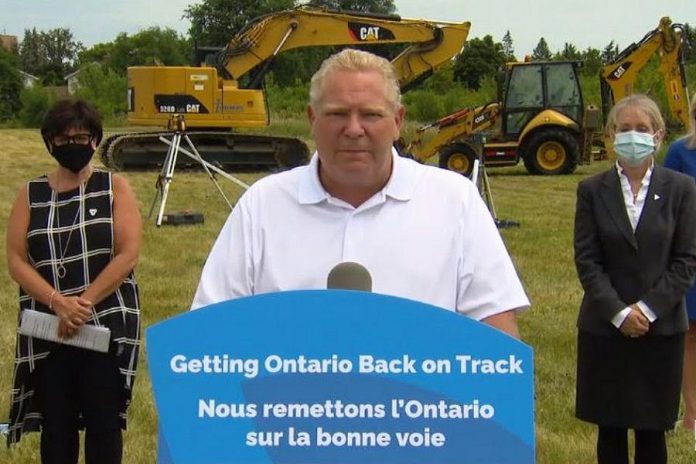 Ontario Premier Doug Ford responds to questions from reporters about an increase of 203 COVID-19 cases in Ontario at a media conference in Mississauga on July 21, 2020. (Screenshot)