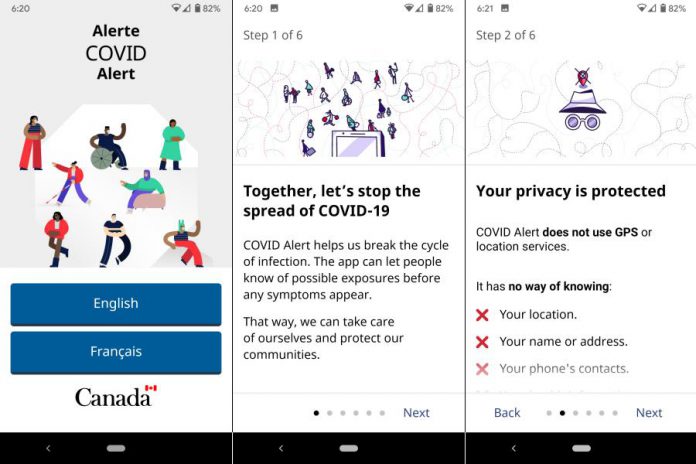 After you download and install the COVID Alert app, you will be asked to choose a language and then taken through six steps to explain what the app is.  The app does not collect any information from your phone, either your location or your personal information. (Screenshots from Android version)