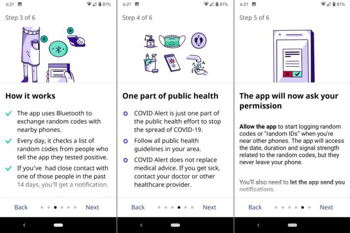 The six-step introduction of the  COVID Alert app also explains how the app works and what permissions it requires to work. (Screenshots from Android version)