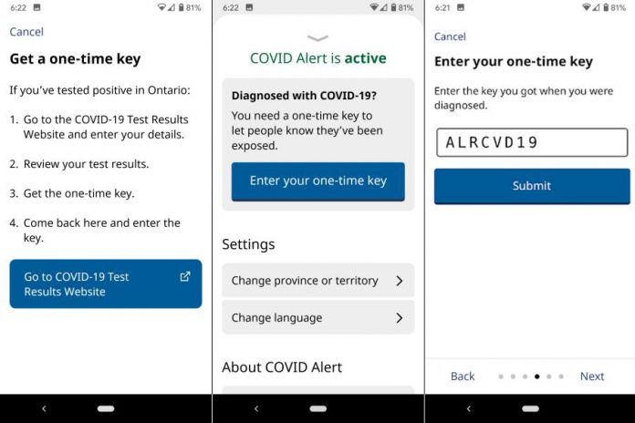 If you have tested positive for COVID-19 and want to help keep other Ontario residents safe, you will be asked to get a one-time key from the Ontario government website and enter it into the app. (Screenshots from Android version)
