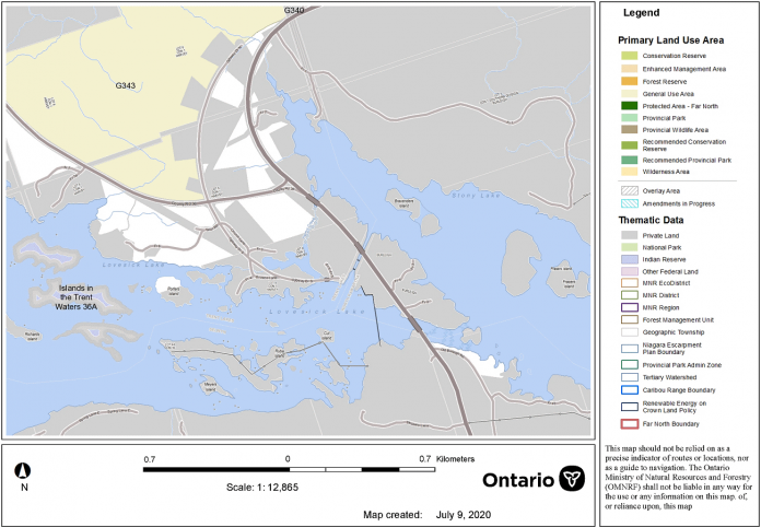 A map of the Burleigh Falls area generated by Ontario's Crown Land Use Policy Atlas mapping tool. The tool identifies the grey areas as privately owned land and the beige areas as provincially regulated Crown Land, designated as "general use area" which is the most common designation for Crown lands in Ontario. The Ontario Ministry of Natural Resources and Forestry (MNRF) can control access to Crown land as required. The mapping tool does not identify who owns the white areas, including the section beside the rapids along Old Burleigh Road. (Map: MNRF)