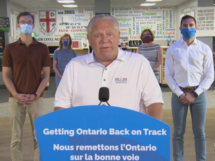On July 30, 2020, Premier Doug Ford announced that Ontario schools will reopen on September 8, 2020, with health and safety measures in place to protect students and staff. (CPAC screenshot)