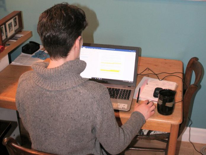 Like those of many businesses and organizations, GreenUP employees have been working at home during the COVID-19 pandemic. Pictured is Jenn McCallum, GreenUP's water programs coordinator, working at her home desk. The benefits of working from home include increased productivity, better work-life balance, reduced costs for employers, fewer greenhouse gas emissions, and more. (Photo courtesy of Jenn McCallum)