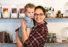 KitCoffee owner Helen McCarthy in July 2019, shortly after she opened her downtown Peterborough cafe, with her daughter Maggie. A crowdfunding campaign is raising funds to support McCarthy as she recovers from two severely broken ankles. (Photo: KitCoffee Peterborough / Facebook)