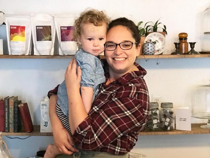 KitCoffee owner Helen McCarthy in July 2019, shortly after she opened her downtown Peterborough cafe, with her daughter Maggie. A crowdfunding campaign is raising funds to support McCarthy as she recovers from two severely broken ankles. (Photo: KitCoffee Peterborough / Facebook)