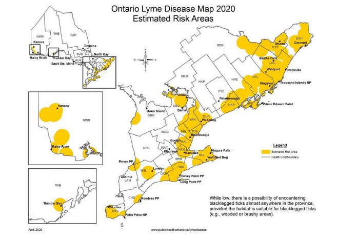 Ontario Lyme Disease Map 2020 - Estimated Risk Area. (Map: Public Health Ontario)