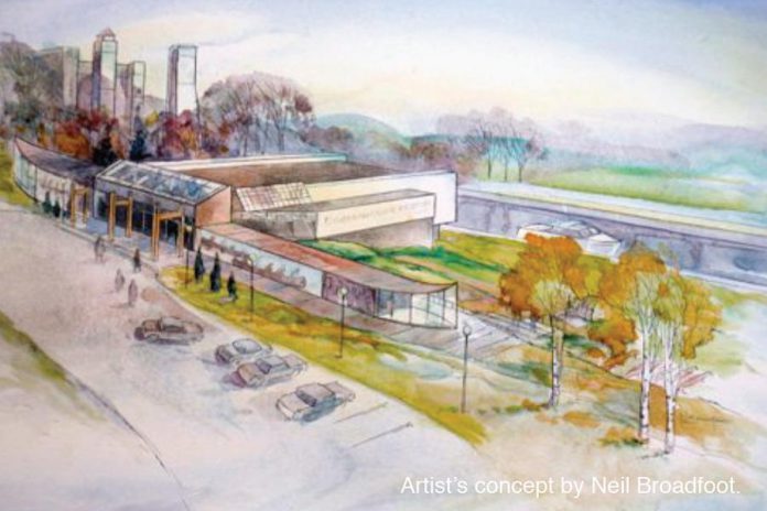 Neil Broadfoot was artist-in-residence at the museum from 1998 to 2005. He painted this watercolour of an early concept of the new Canadian Canoe Museum at the Peterborough Lift Lock. (Photo: The Canadian Canoe Museum)