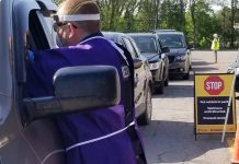 The drive-through COVID-19 testing clinic at Kinsmen Civic Centre in Peterborough for residents without symptoms has been running since May 27, 2020. (Photo: Peterborough Paramedics / Twitter)