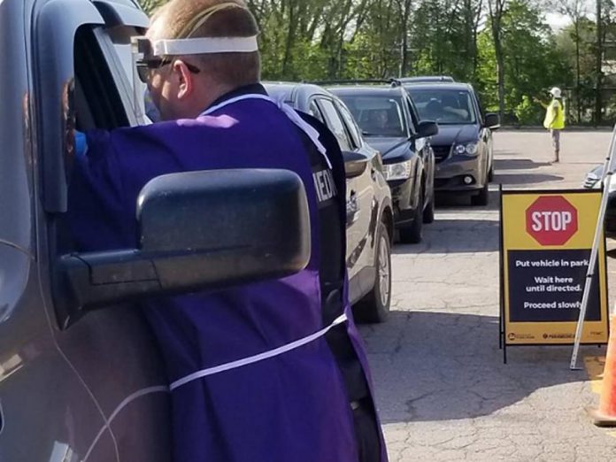 The drive-through COVID-19 testing clinic at Kinsmen Civic Centre in Peterborough for residents without symptoms has been running since May 27, 2020. (Photo: Peterborough Paramedics / Twitter)