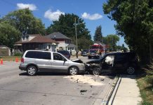 The scene of a head-on collision on Ontario Street in Port Hope on July 17, 2020. The driver of the silver Pontiac van has been charged with operation of a motor vehicle while prohibited and careless driving. (Photo: Port Hope Police Service)