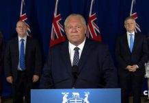 Ontario premier Doug Ford announces $4 billion in funding for municipalities to address operating and transit shortfalls at Queen's Park on July 27, 2020. Also pictured are transportation minister Caroline Mulroney, municipal affairs and housing minister Steve Clark, finance minister Rod Phillips, and deputy premier and health minister Christine Elliott. (CPAC screenshot)