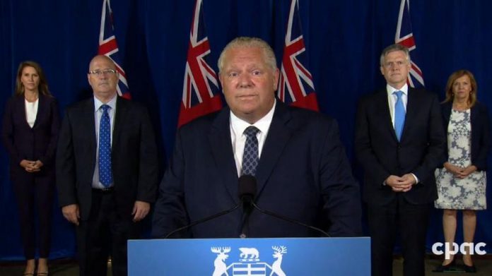 Ontario premier Doug Ford announces $4 billion in funding for municipalities to address operating and transit shortfalls at Queen's Park on July 27, 2020. Also pictured are transportation minister Caroline Mulroney, municipal affairs and housing minister Steve Clark, finance minister Rod Phillips, and deputy premier and health minister Christine Elliott. (CPAC screenshot)