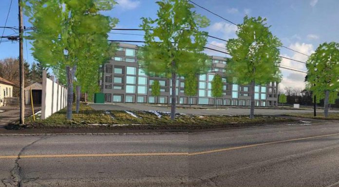 The proposed high-density residential development on currently vacant land at 1176 Armour Road in Peterborough.  With the location originally zoned as commercial, the developer had planned to build a commercial plaza at the property but now intends to develop a seven-storey apartment building. (Graphic via City of Peterborough)