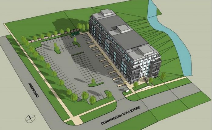 A drawing showing the shadow of the proposed seven-story building  at 1176 Armour Road in Peterborough during the winter solstice. (Graphic via City of Peterborough)