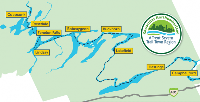 Nine communities in the Kawarthas Northumberland tourism region are participating in the Trent-Severn Trail Town program. Businesses offering attractions, accommodations, retail, and food and/or beverages in any of these communities  can apply to Regional Tourism Organization 8 (RTO8) for the Trent-Severn Trail Town Friendly business certification, which identifies to visitors that their business provides friendly customer service and can provide visitors with information about the Trent-Severn Trail Town program, area attractions, other businesses in the community, and more. (Map courtesy of RTO8)