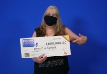 Kirkfield's Wendy Page at the OLG Prize Centre in Toronto picking up her $1 million prize. (OLG-supplied photo)
