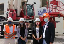 Greenleaf/Cor-Plan president Sheldon Rokin (left) with Peterborough Mayor Diane Therrien (second from left), Peterborough-Kawartha MP Maryam Monsef (second from right), and Kawartha Participation Projects CEO Patrick Cooper (right) during a recent visit to the construction site of a 25-rental-unit development at 3789 Water Street in Peterborough. (Photo courtesy of office of Maryam Monsef)