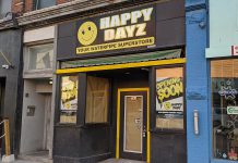 A media release from parent company Friendly Stranger Holdings Corp states that Happy Dayz at 291 George Street North in downtown Peterborough will open on August 13, 2020, although the store's signage as of August 10 still reads "opening soon". (Photo: Bruce Head / kawarthaNOW.com)