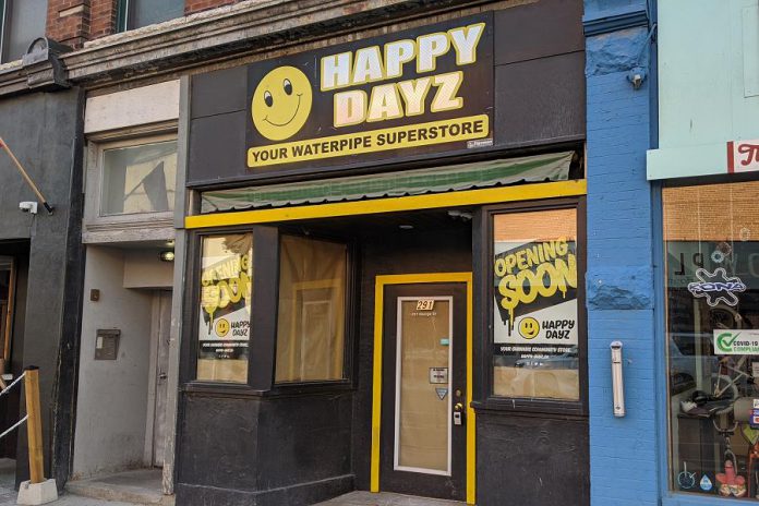 A media release from parent company Friendly Stranger Holdings Corp states that Happy Dayz at 291 George Street North in downtown Peterborough will open on August 13, 2020, although the store's signage as of August 10 still reads "opening soon". (Photo: Bruce Head / kawarthaNOW.com)