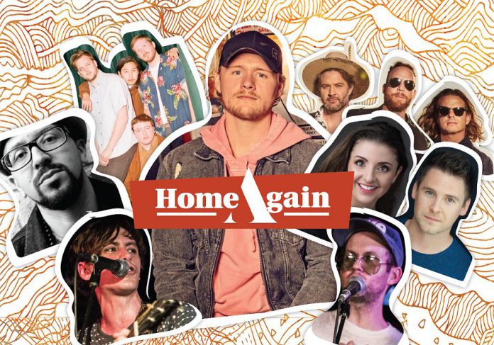 The "Home Again" benefit concert for Lindsay's Academy Theatre, taking place September 30 and October 1, 2020 at the Lindsay Drive-In, features live performances by James Barker, Darryl James, Jeremy Drury, and Jon Hembrey of The Strumbellas, Heaps Tyler Kyte and Nick Rose of Dwayne Gretzky, Tom Collver and Sophia Mackey, Luis Segura of Los Poetas, and more. (Graphic: Academy Theatre)